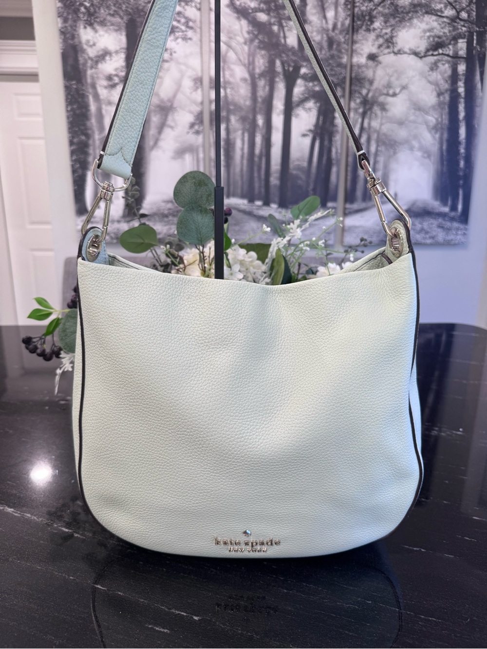 🍃Kate Spade Pale Mint Green Pebbled Leather Shoulder Bag with Silver Hardware
